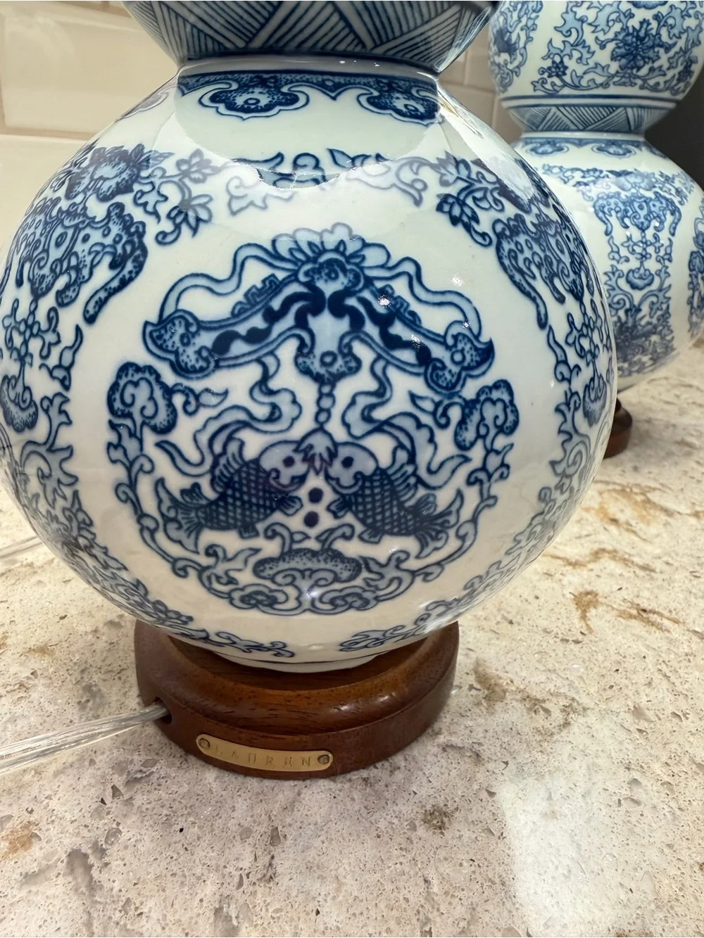 Ralph Lauren Home Blue & White Porcelain Double Gourd Table Lamps. Pair.